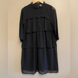 ICHI Black Ruffled Tiered Quarter Sleeve Mandarin Collar Blouse Size 36